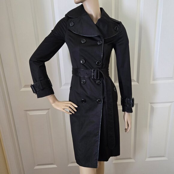 Burberry London Rare Patent Leather Trimmed Belted Trench Coat SZ 2 Black - Picture 1 of 13